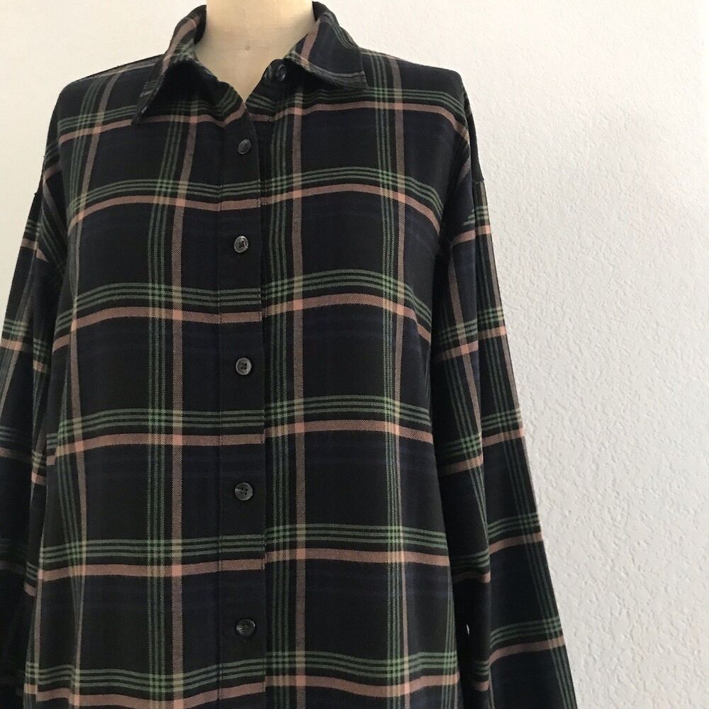 Uniqlo Navy Plaid Flannel Long Sleeve Drop Waist Casual Shirt Dress NWOT M - Picture 2 of 10